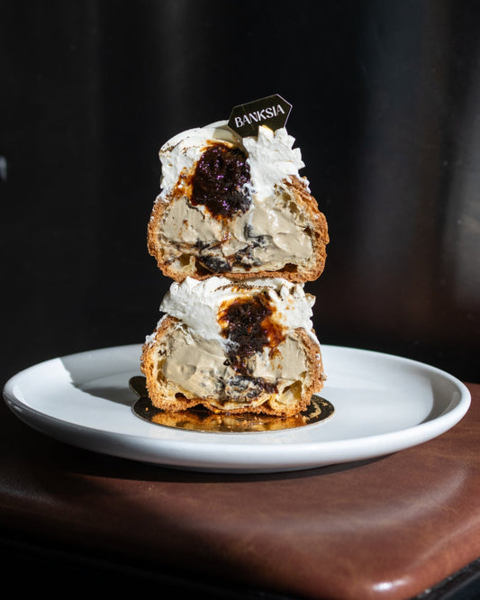 Hojicha and Prune Choux Cross Section